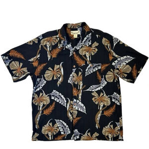 Vtg Paradise Coves Mens Blk Printed 100% Silk Button-Down Hawaiian Shirt Size XL